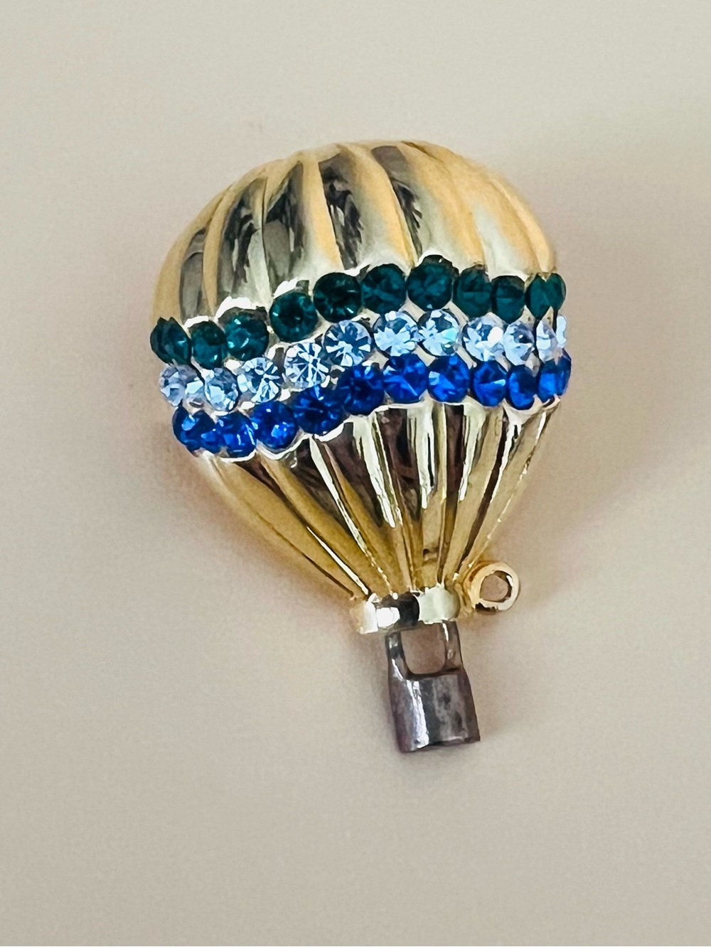 Gold tone Hot Air Balloon brooch with Blue and Green Crystals